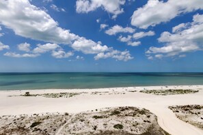 Une plage avec un ciel dégagé et une mer calme.