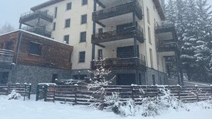 Um edifício de vários andares com varandas, cercado por árvores cobertas de neve.