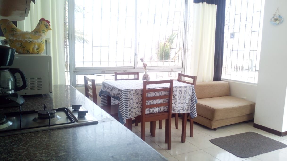 A kitchen with a gas stove, a microwave, and a dining table with chairs. There is a sofa and a window with curtains.