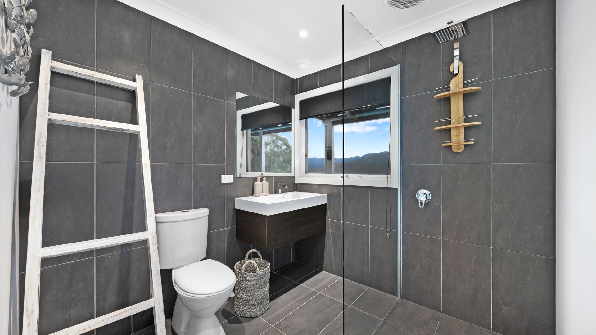 A modern bathroom with a glass shower enclosure, a white toilet, and a dark tiled wall.
