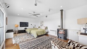 Een moderne slaapkamer met een bed, een televisie, een open haard en een plafondventilator.