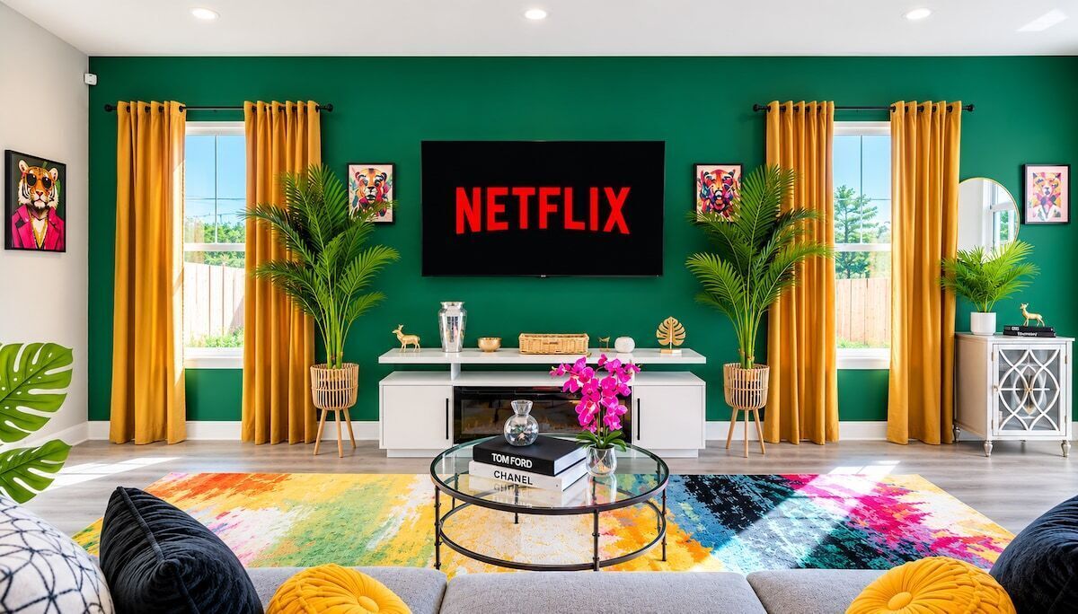 Un salon avec un grand téléviseur à écran plat fixé au mur, un canapé, une table basse avec des livres et un tapis coloré.