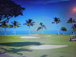 Ein Golfplatz mit Palmen und einem Golfwagen.