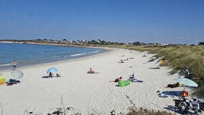 Una playa con gente tomando el sol y nadando, una bicicleta estacionada y una zona arenosa con pasto.
