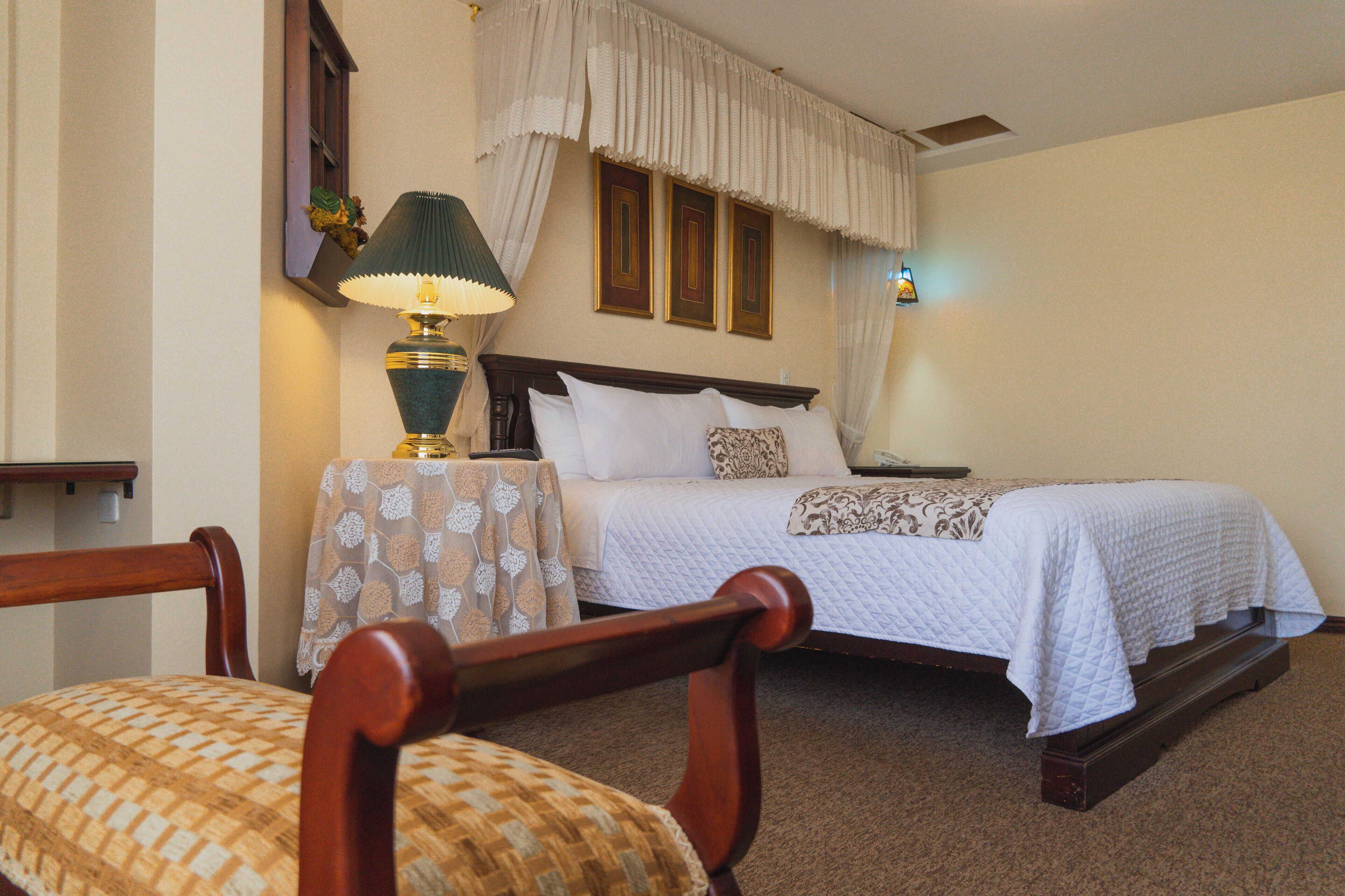 A hotel room with a bed, a chair, a table with a lamp, and a wall-mounted picture.