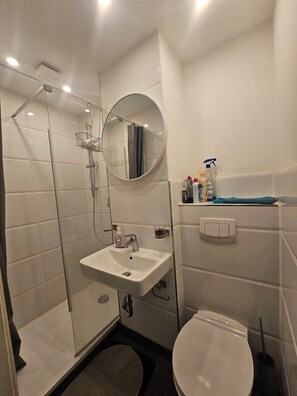 A bathroom with a shower, sink, toilet, and a mirror. - Schöne Suite im Zentrum (Köln)