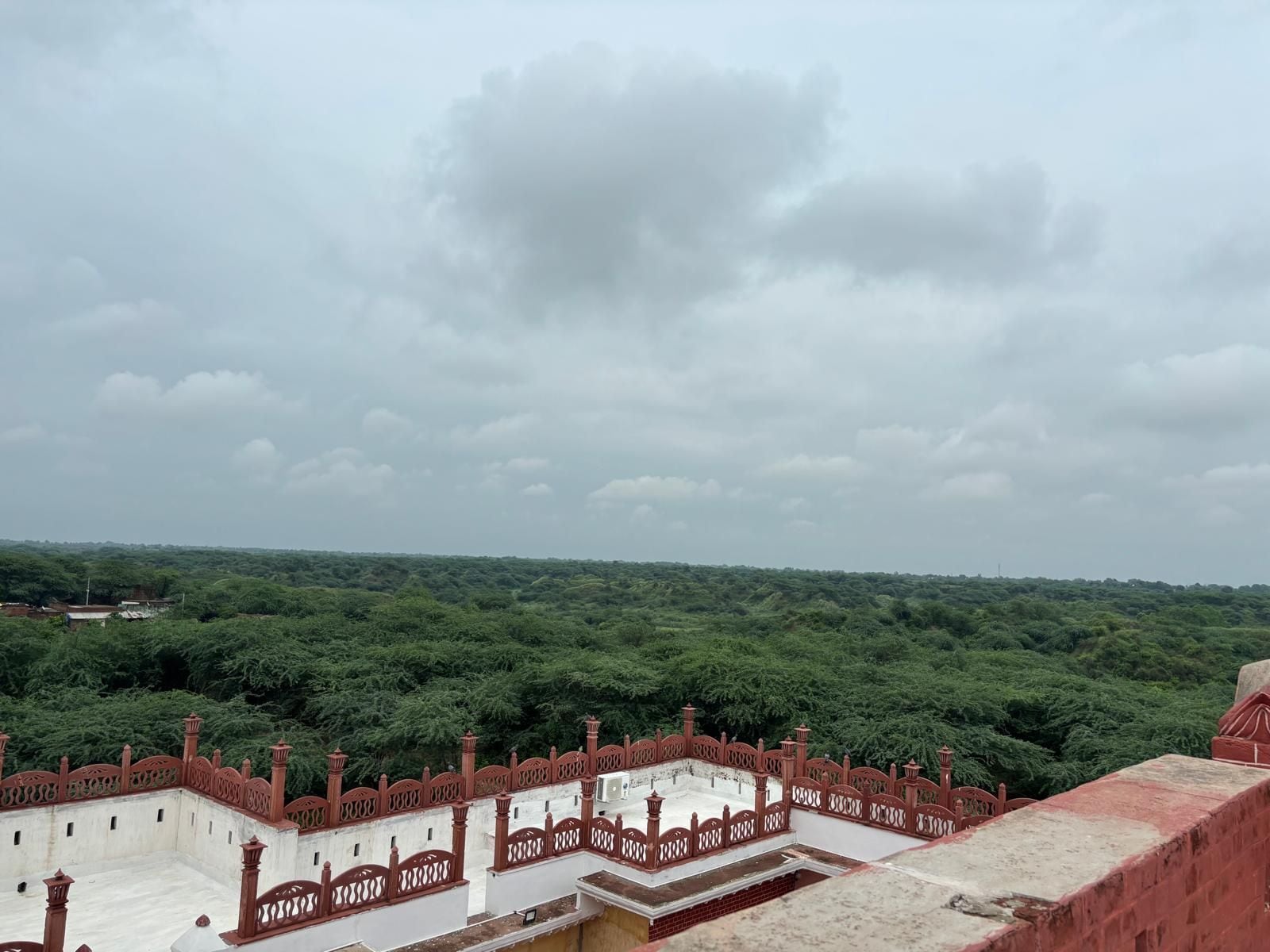A view of a courtyard with a white wall and red railing, surrounded by lush greenery.