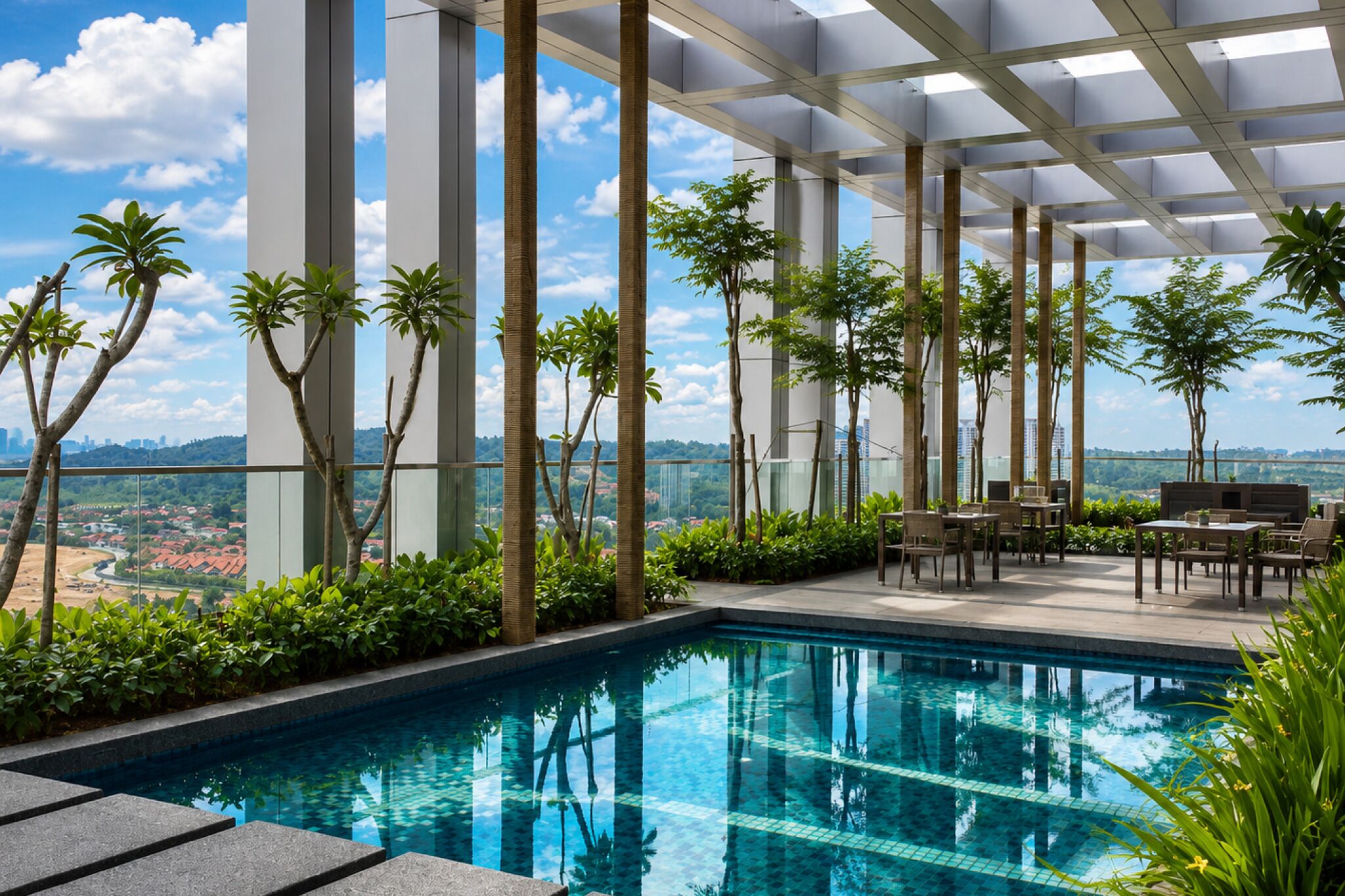 Una piscina en la azotea con vistas a un paisaje urbano, rodeada de palmeras y arquitectura moderna.