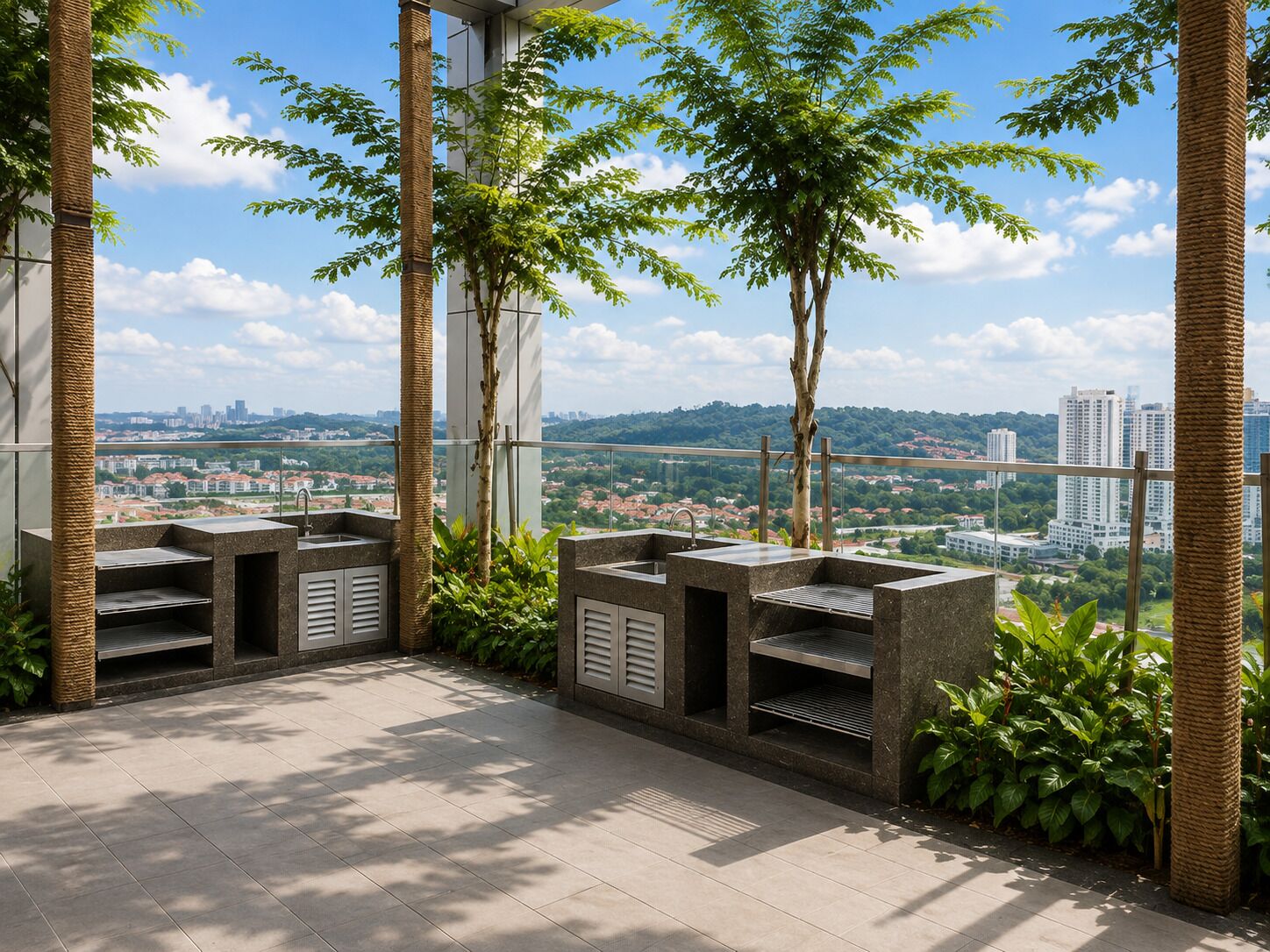 Terraza en la azotea con cocina al aire libre y zona de estar, rodeada de árboles y con vistas a la ciudad.