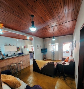 A cozy living room with a wooden ceiling, a sofa, a coffee table, and a TV.