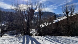 Paisagem nevada com árvores desnudas e montanhas ao fundo.