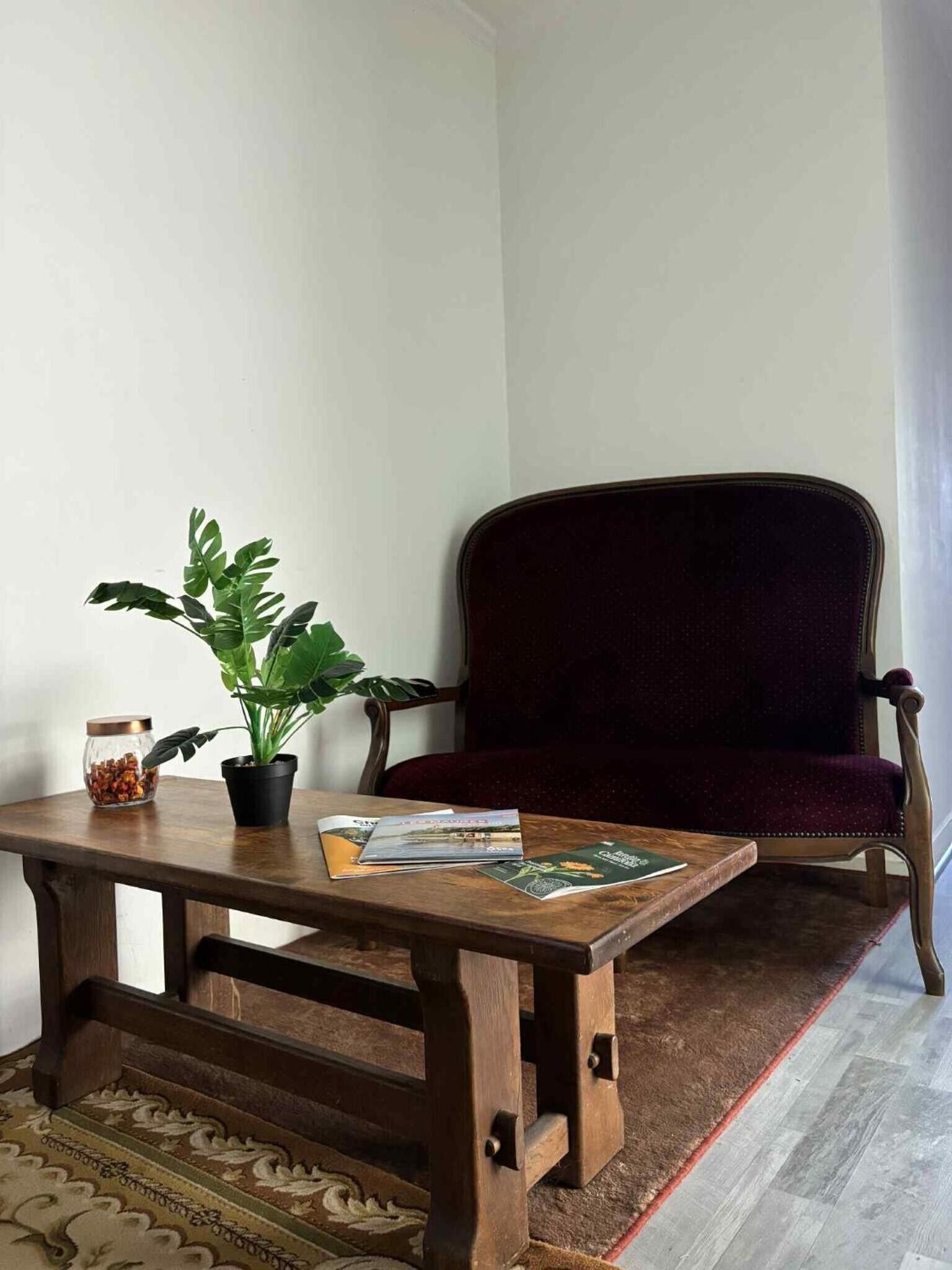 Une pièce avec une table basse en bois, une plante en pot, une chaise et un tapis.