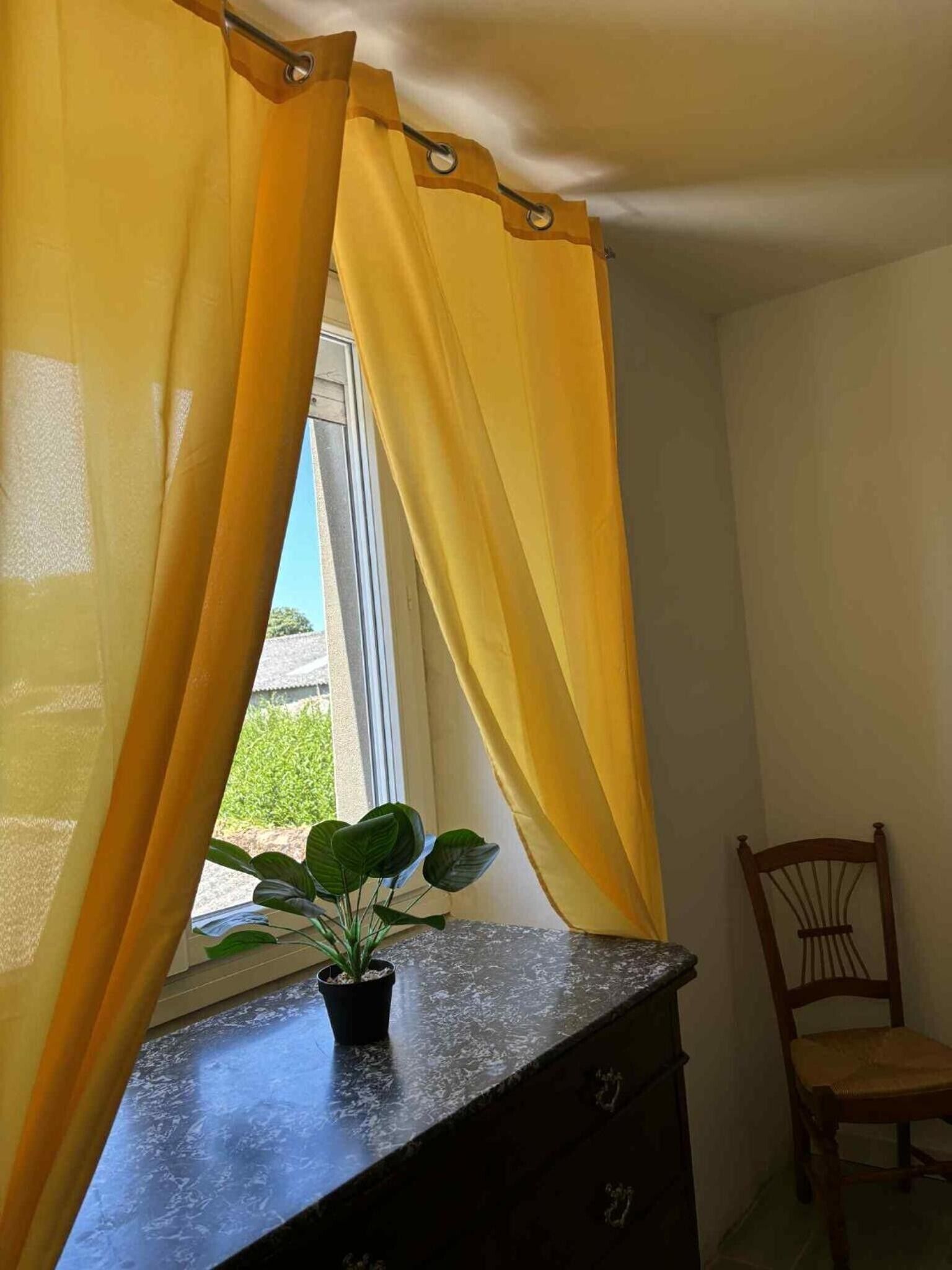 Een kamer met een raam, een plant in een pot op een kaptafel, en een stoel.