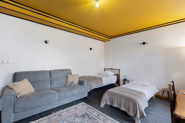 A room with a grey sofa, two single beds, a wooden chair, and a patterned rug.