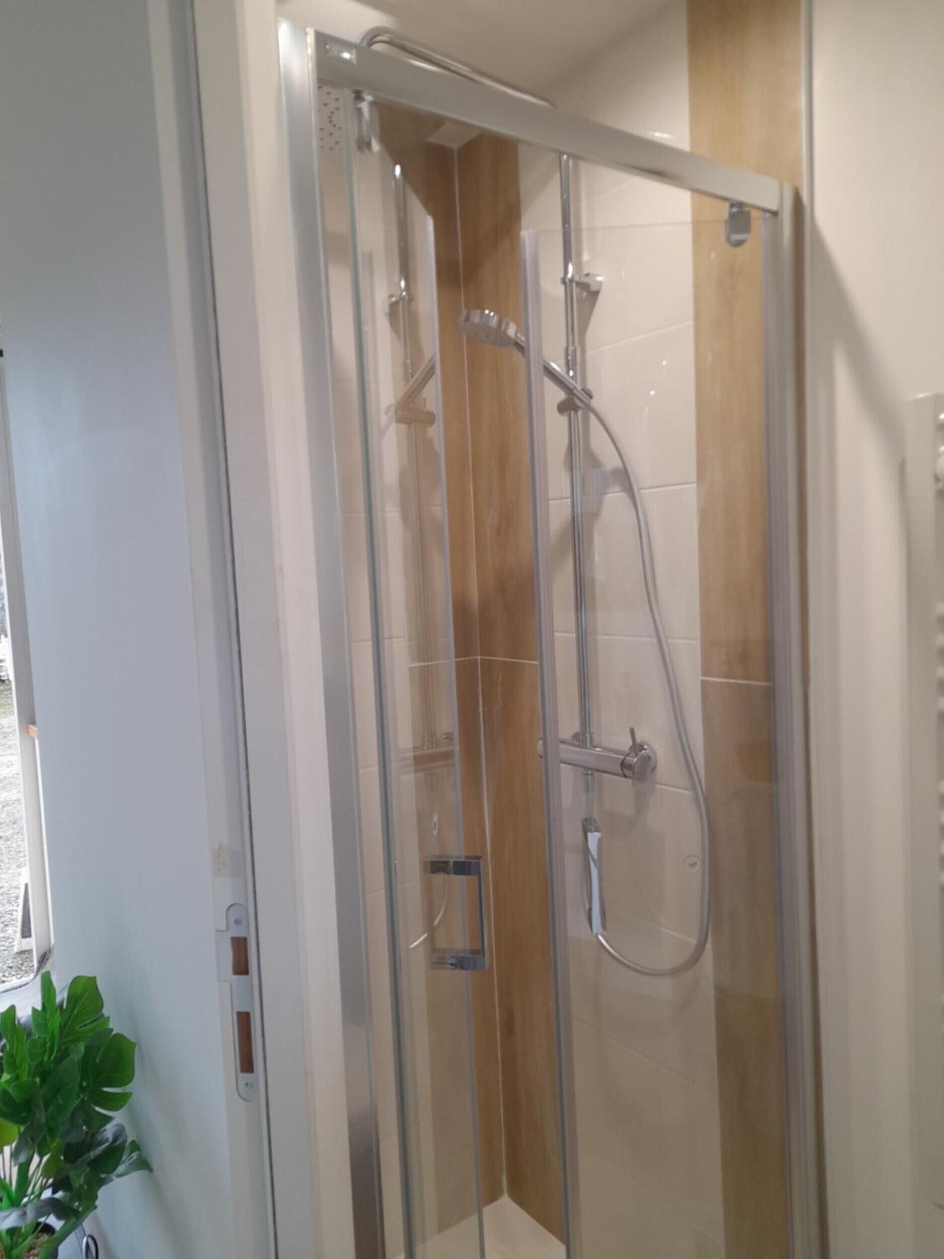Een doucheomgeving met een glazen douchewand, een handdouche en een kraan op de muur.