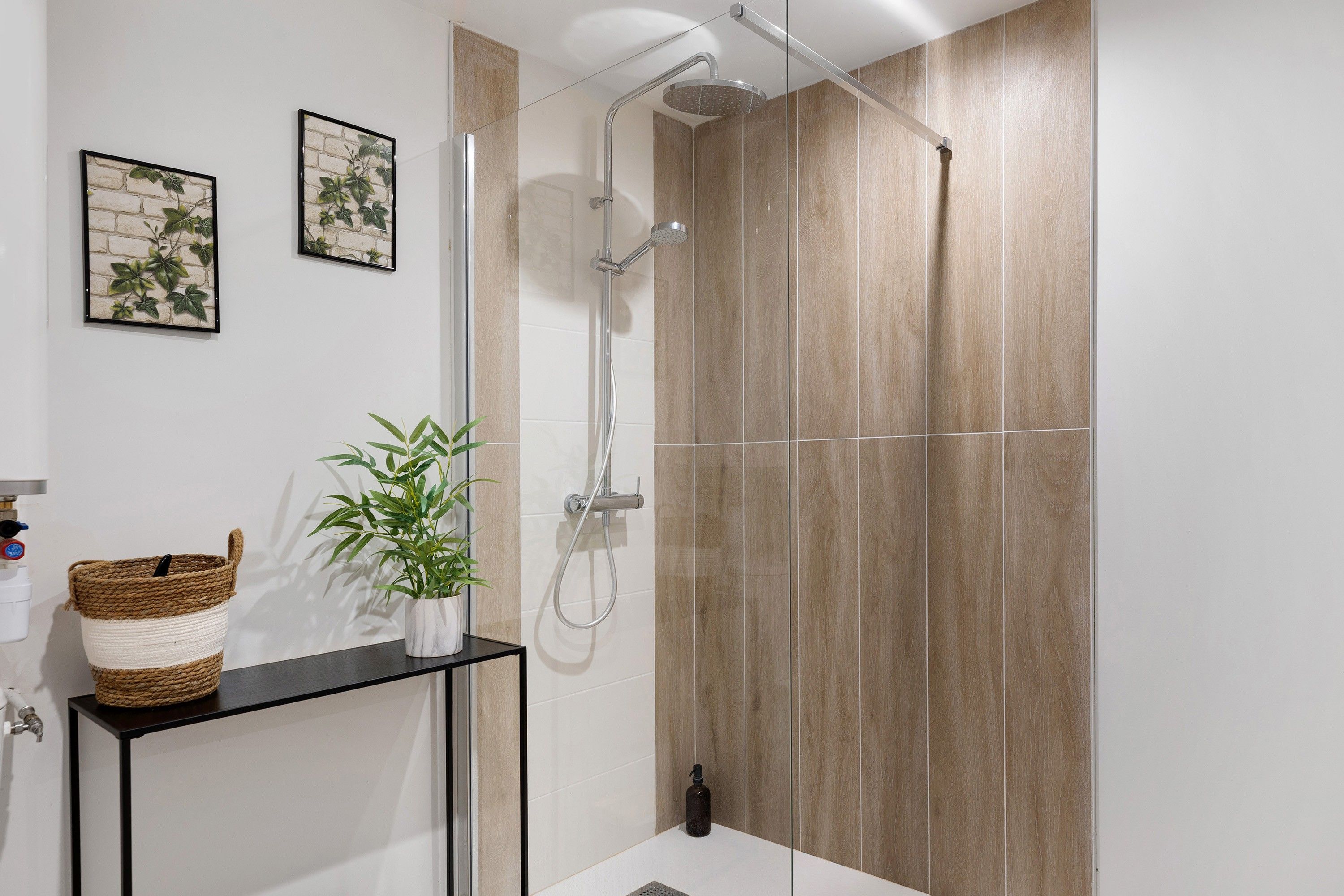 Une salle de bain moderne avec une douche, une console noire ornée d’une plante et deux tableaux encadrés accrochés au mur.