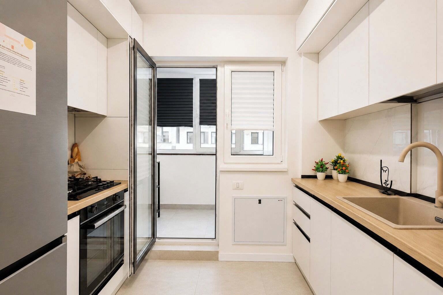 Eine moderne Küche mit Einbauofen, Spüle und Fenster mit Jalousien.