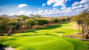 A golf course with a flagstick, trees, and a clear sky. - Eco Casita 1.8 in Hacienda Iguana (Tola)