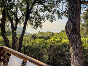 A wooden deck with a view of a coastal landscape. - Villa Carra (Ansedonia)