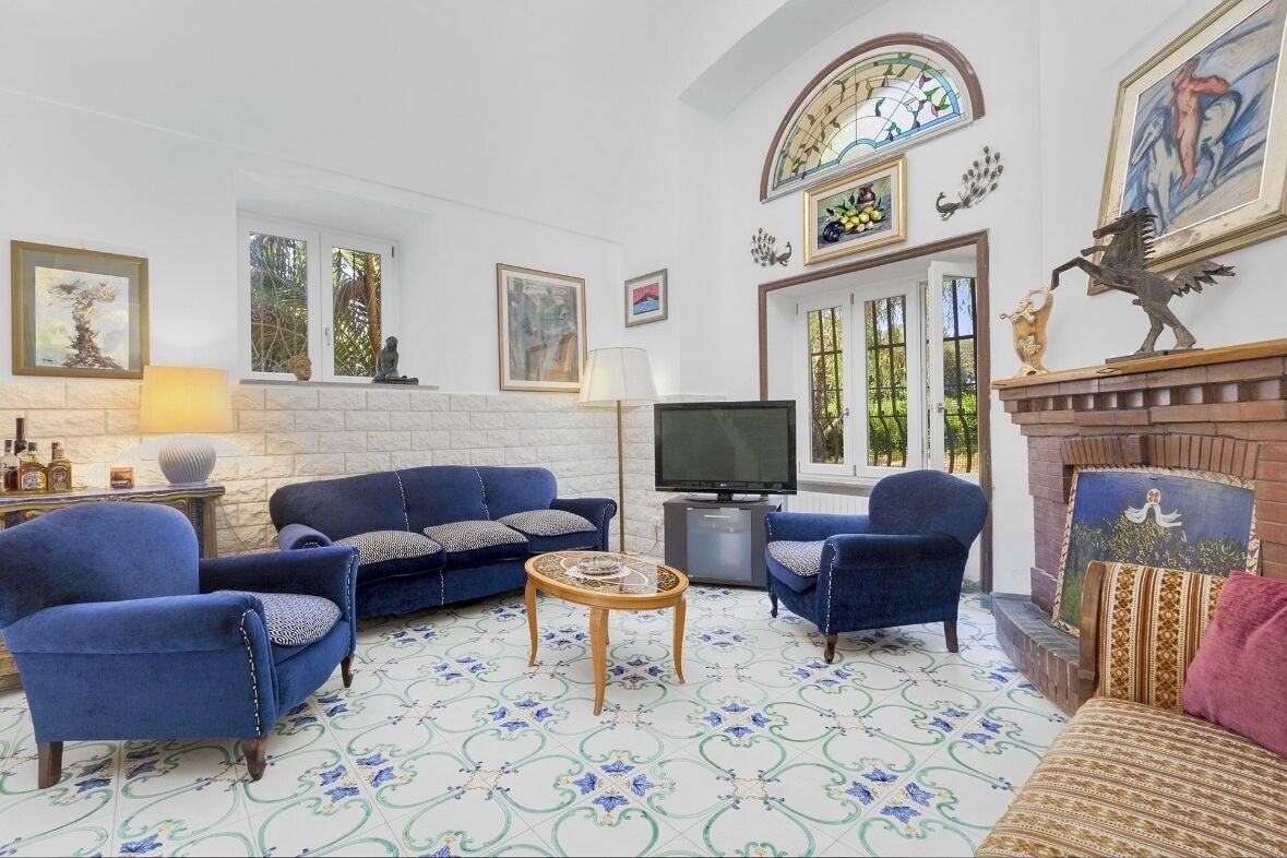 Smart TV, fireplace, books, music library