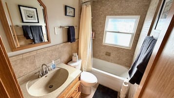 Hair dryer, towels, soap, toilet paper