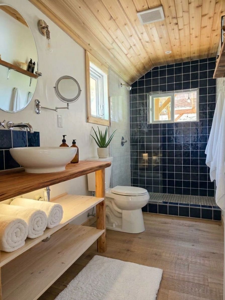 A bathroom with a wooden vanity, a large mirror, a white sink, a toilet, and a shower area with black tiles.