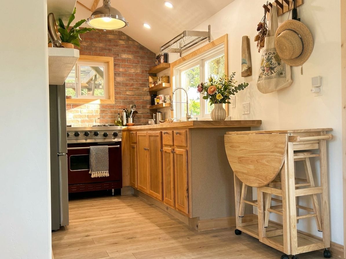 A kitchen with wooden cabinets, a built-in oven, a wooden bar stool, and a hanging hat.