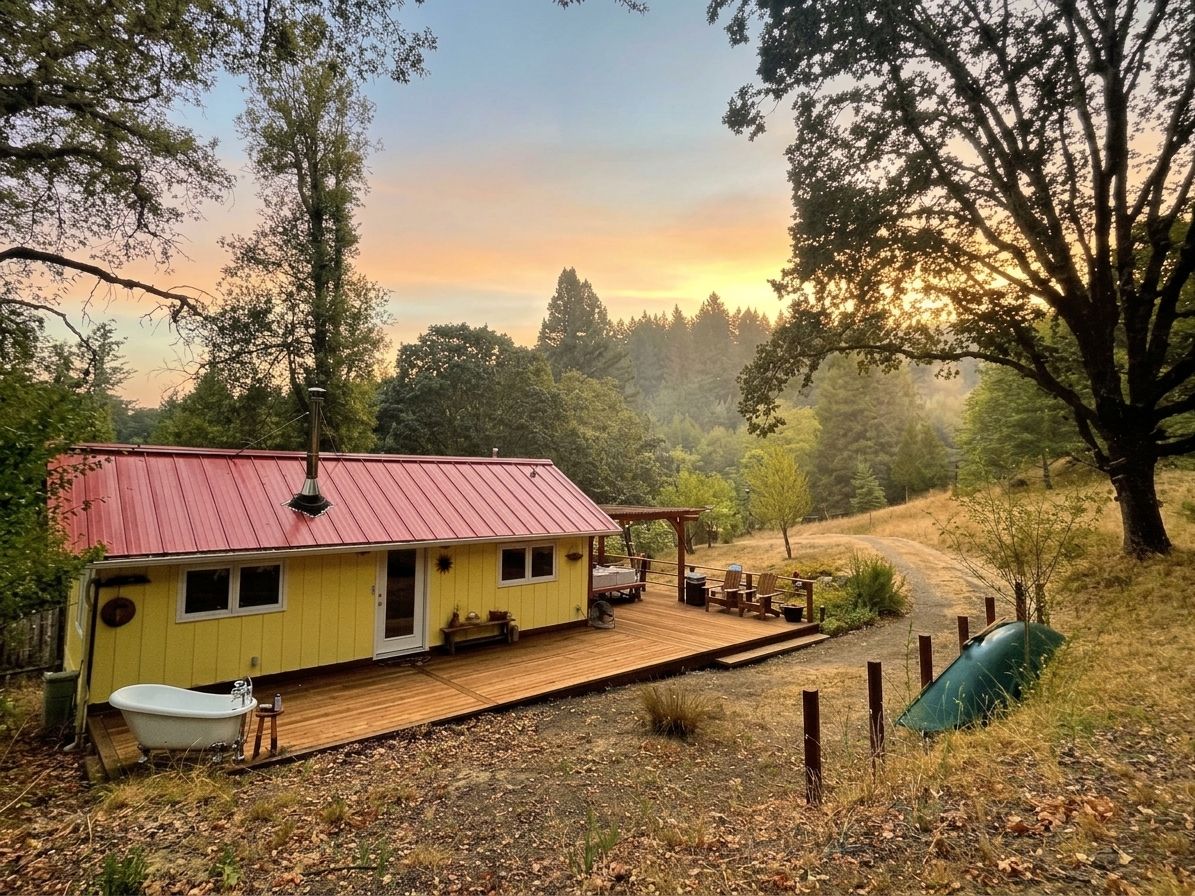 A yellow cabin with a red roof, a wooden deck, and a bathtub.