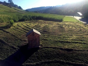 A small wooden structure with a pitched roof in a field with circular patterns, likely for agriculture, with a road and a building in the background.