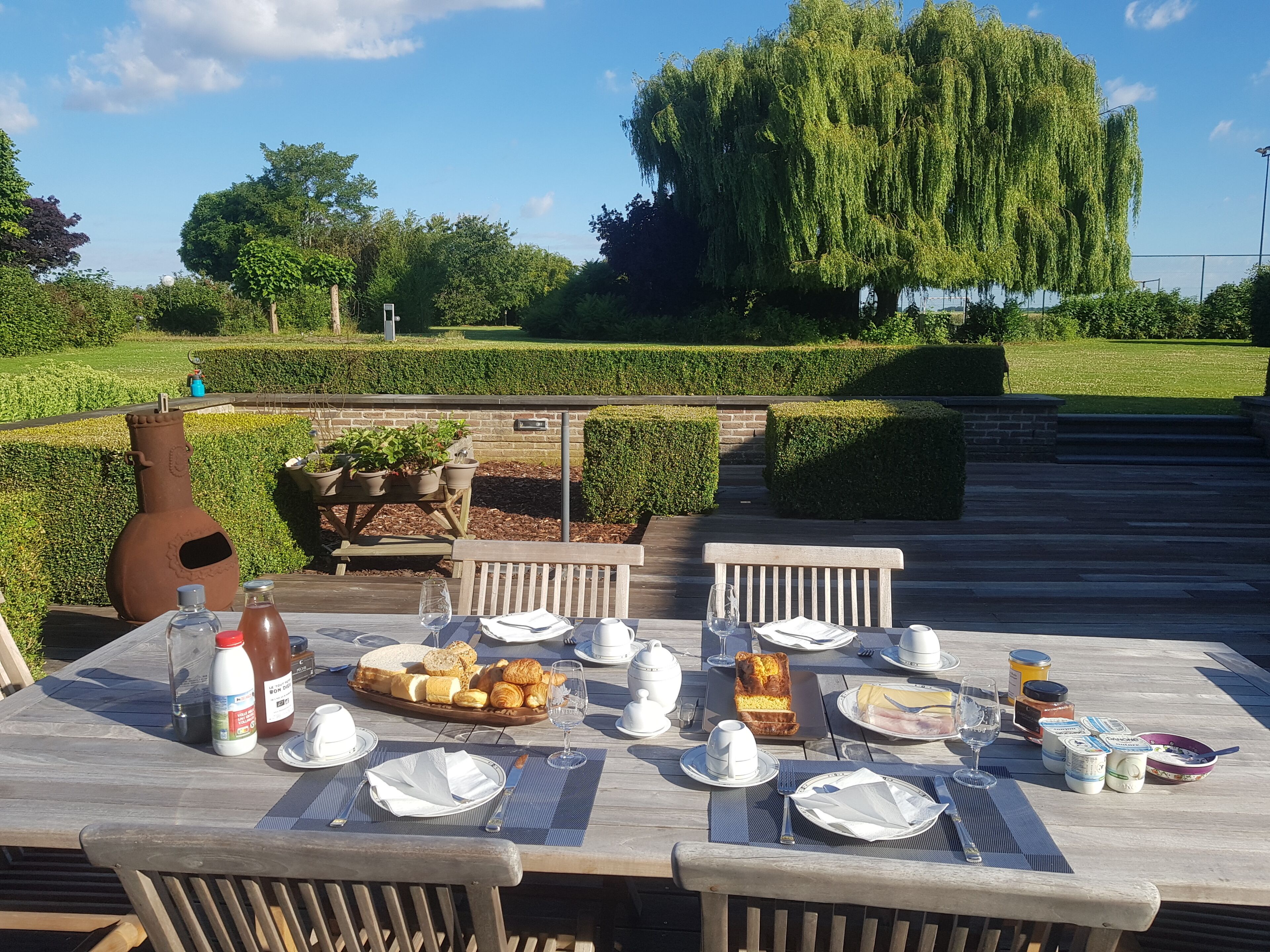 Un espace de restauration en plein air, avec une table dressée pour un repas, entouré de verdure et d’un grand arbre.