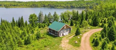 A cabin with a green roof surrounded by dense forest and a lake.