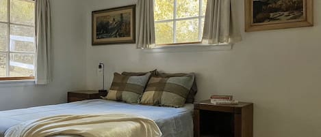 A bedroom with a bed, a nightstand, a lamp, and two windows with curtains.