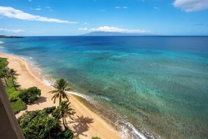 Ein Strand mit klarem türkisblauem Wasser, einem Sandufer und Palmen.