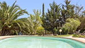 A swimming pool surrounded by various trees and a bench. - Gaetano Spadaro Estate, Frantoio Apartment on the Po River (Capannori)