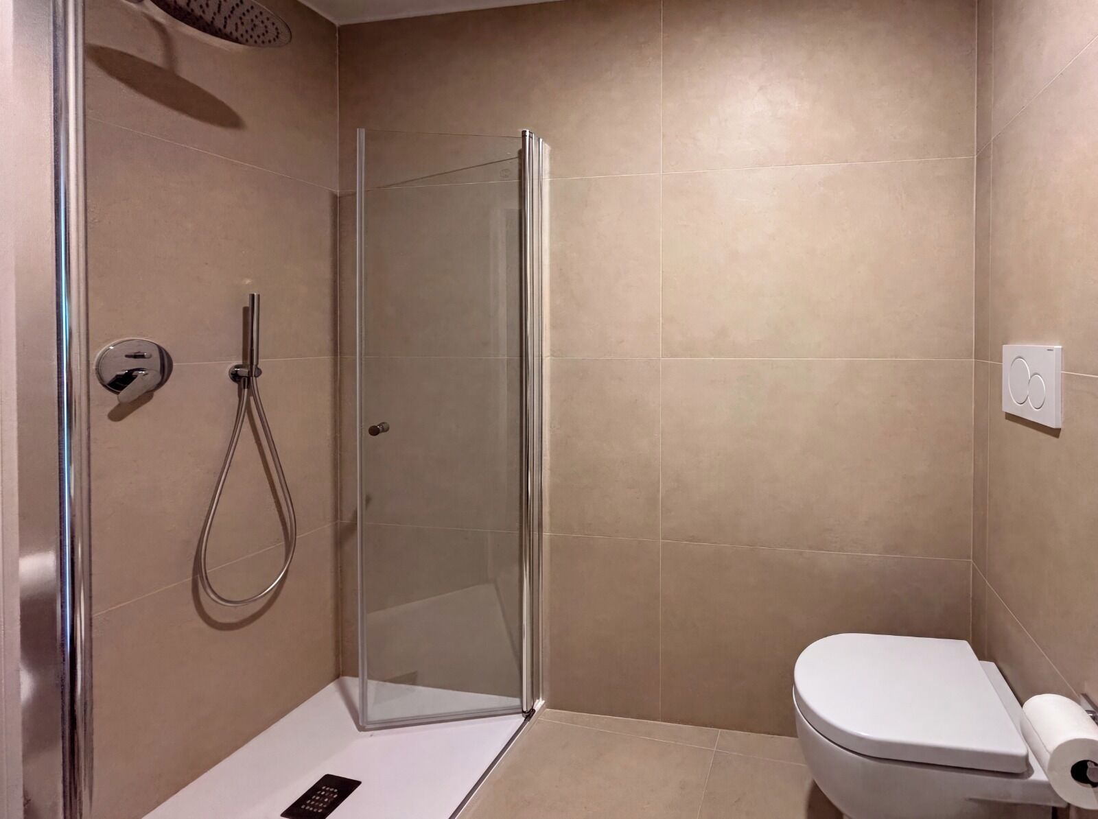 A shower area with a glass door, a toilet, and a towel rack.