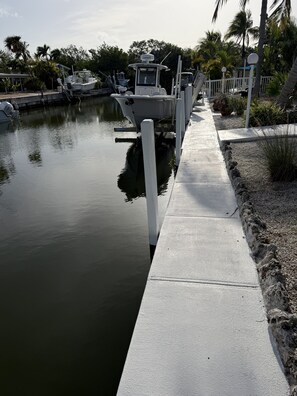 A marina with boats docked, a concrete walkway, and palm trees in the background.