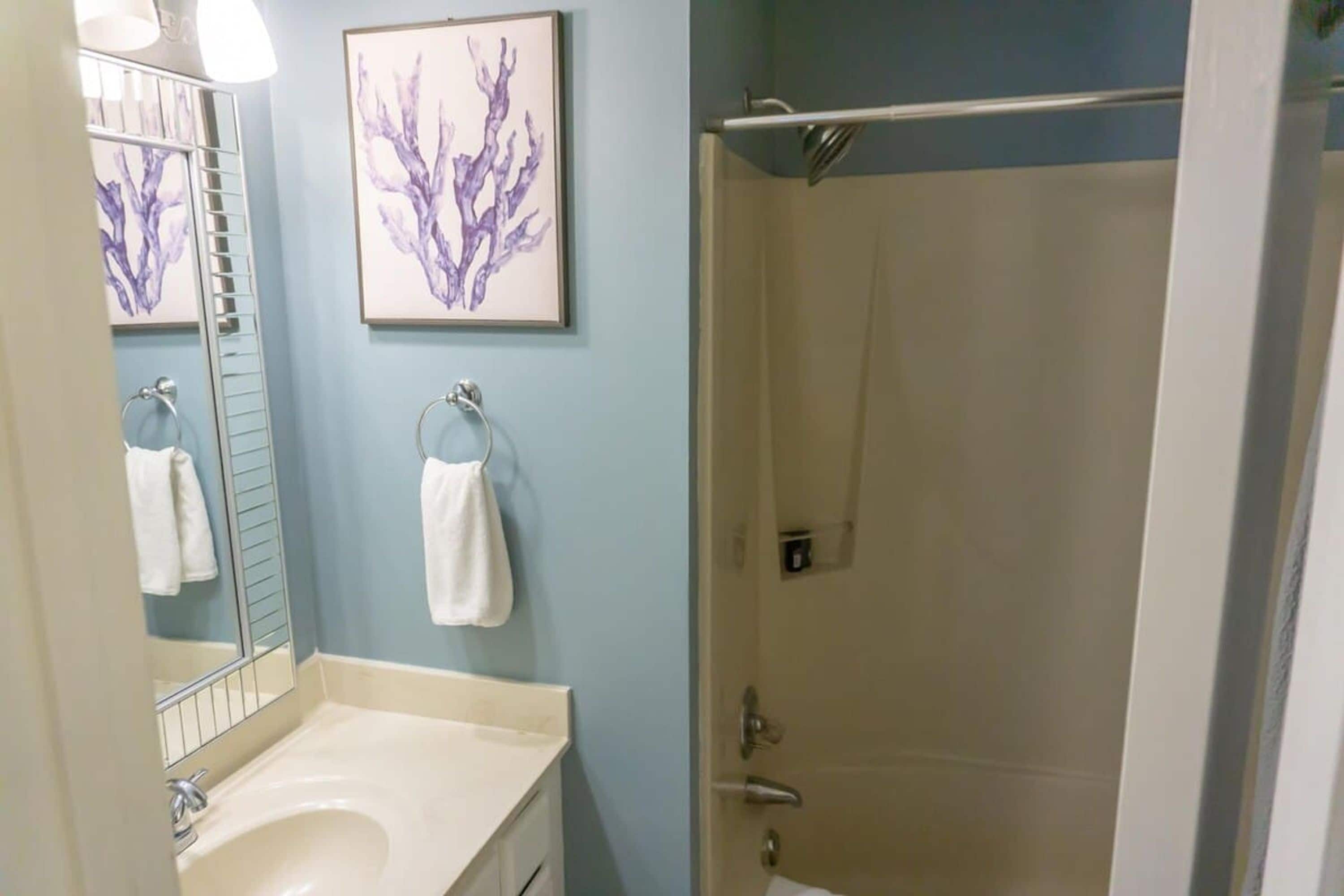 A bathroom with a sink, mirror, towel rack, and a shower area.