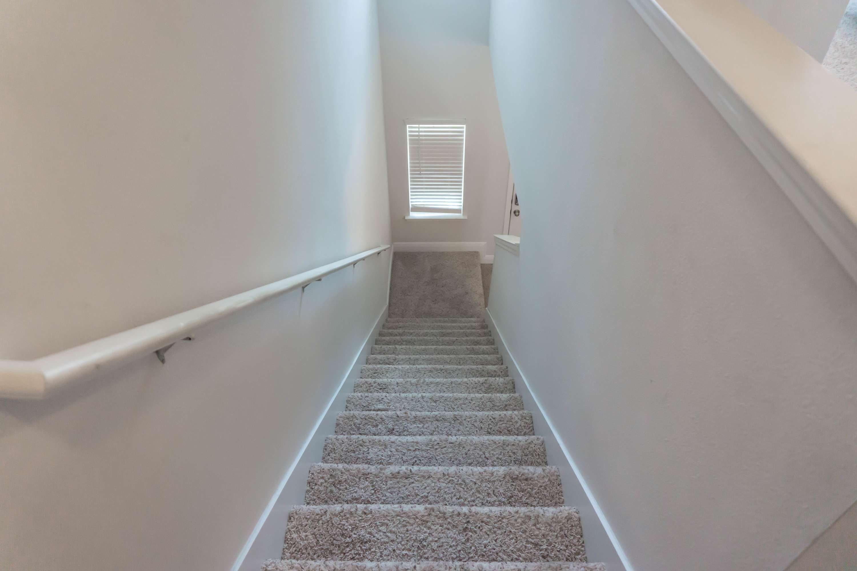 A carpeted staircase with a handrail, leading to a room with a window and a door.