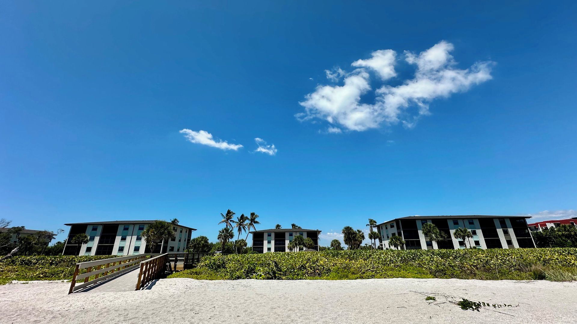A beachfront hotel with a sandy walkway leading to the entrance, palm trees, and a clear blue sky.
