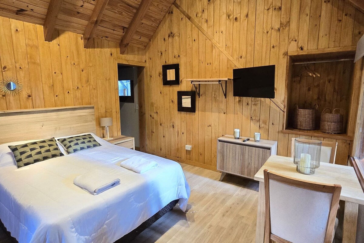 A wooden-paneled room with a bed, a desk, and a television.
