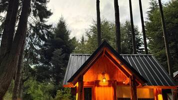 Uma cabana rústica com fachada de madeira, base de pedra e telhado de metal, rodeada por árvores altas.