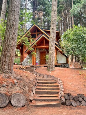 A log cabin with a stone foundation, surrounded by trees and a wooden staircase leading to the entrance. - Cabañas en el bosque de Puerto Manzano (Puerto Manzano)