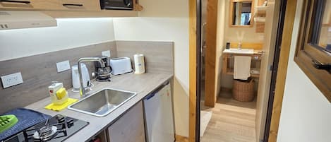A compact kitchen with a built-in stove, a sink, and a compact refrigerator.