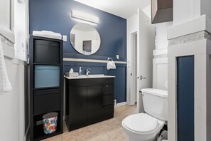 Hair dryer, towels, soap, toilet paper