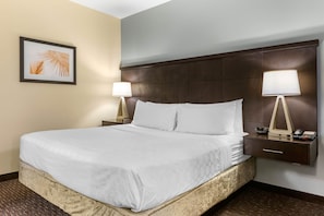 A hotel room with a large bed, two bedside tables with lamps, a framed picture on the wall, and a dark headboard. - King Studio w/ Kitchen | Free Breakfast + Pool (St. Petersburg)