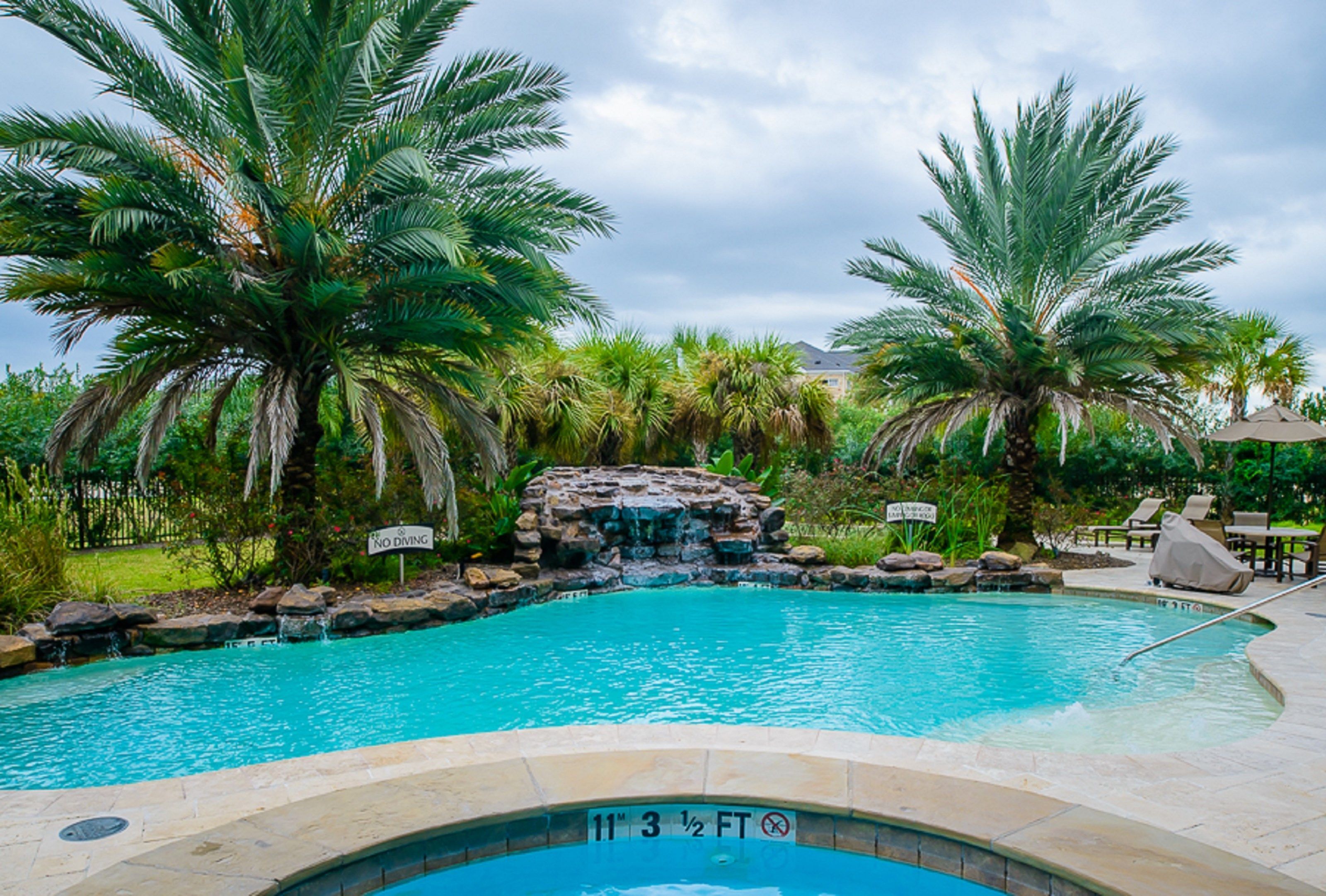 Outdoor pool area with palm trees and seating.