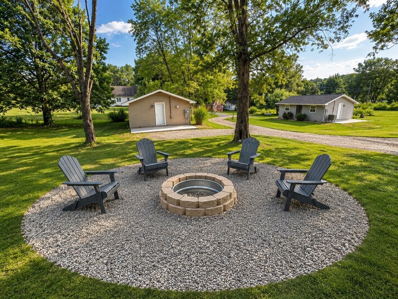 Un braciere circolare circondato da quattro poltrone Adirondack, posizionato su un’area con ghiaia ed erba.