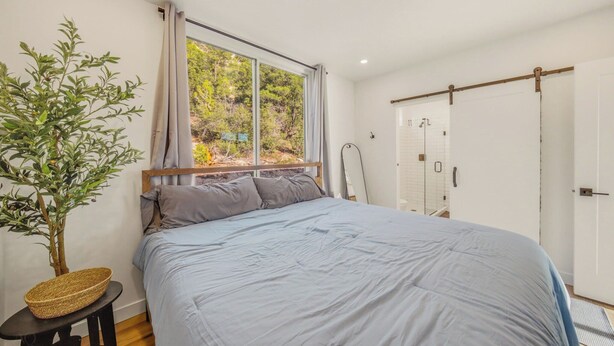 Ein Schlafzimmer mit einem Bett, einem Fenster mit Vorhängen, einer Pflanze und einer Tür mit Handtuchhalter.