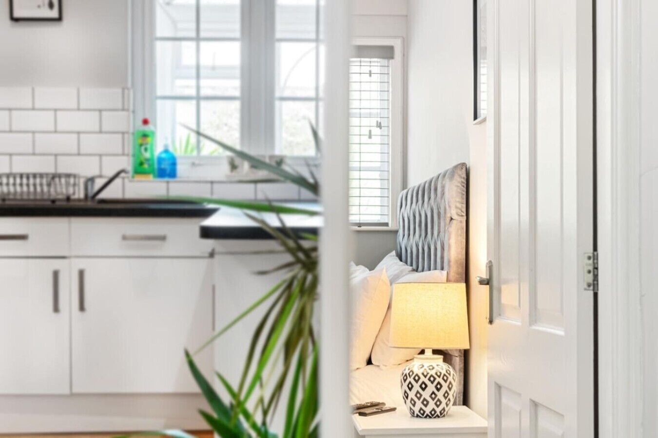 A modern kitchen with white cabinets, a window, and a plant.