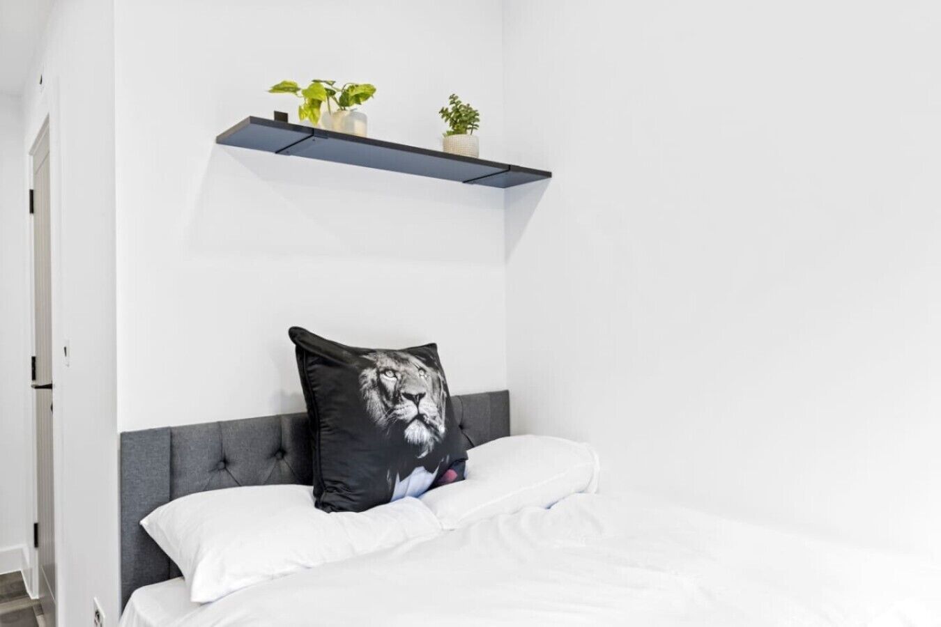 Une chambre à coucher avec un lit, une tête de lit rembourrée de couleur grise, un coussin noir orné d’un motif de lion et une petite étagère sur laquelle sont posées deux plantes en pot.